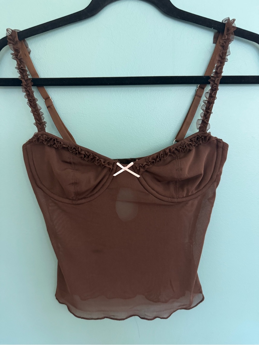 Edikted Sheer Brown Ruffle-Trim Camisole
